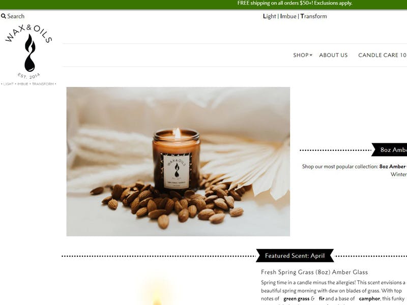 Wax and Oils company screenshot of website home page in 2023